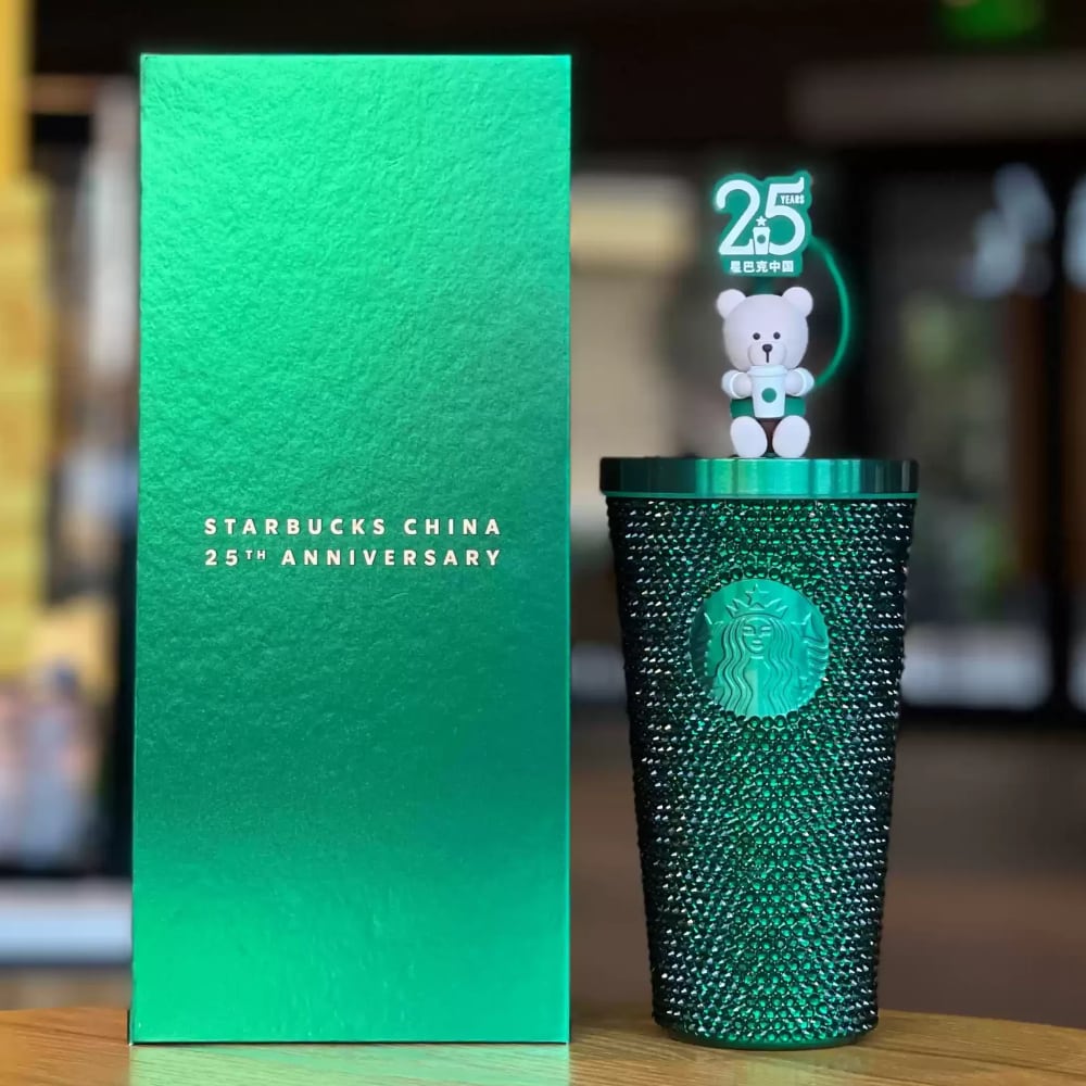 海外限定 中国限定 中国上陸25周年記念 2000個限定モデル Starbucks スターバックス コールドカップタンブラー 473ml グリーン ラインストーン ナンバリングあり