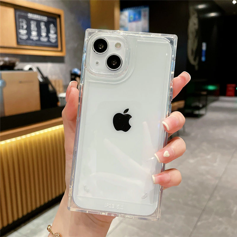 iPhone 14 シリーズ対応 TPUフレーム+PCバックプレート ハイブリッドスクエアケース 四角いクリア透明ソフトケース