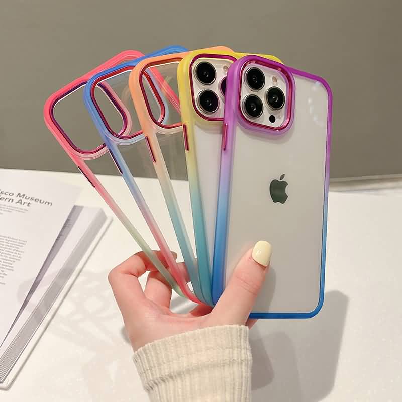 iPhone 15 シリーズ対応 レインボフレームがかわいい透明バックプレート耐衝撃ハイブリッドケース TPUフレーム+PCバックプレート ワイヤレス充電対応