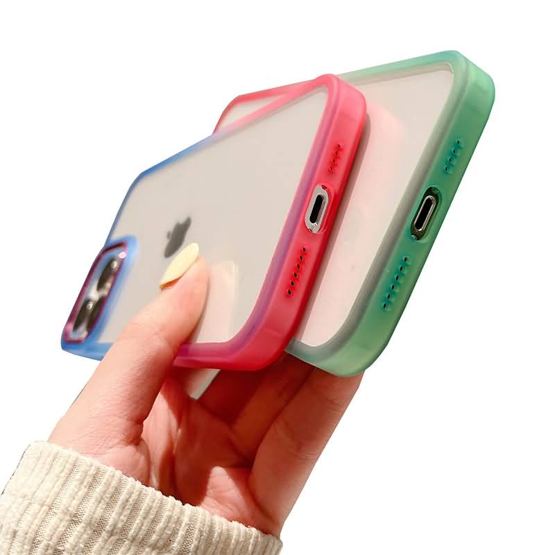 iPhone 15 シリーズ対応 レインボフレームがかわいい透明バックプレート耐衝撃ハイブリッドケース TPUフレーム+PCバックプレート ワイヤレス充電対応